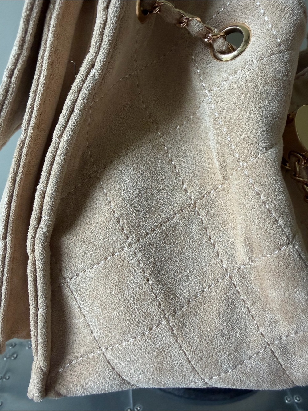 Suede Quilted Drawstring Shoulder Bag in Beige - Picture 5 of 15
